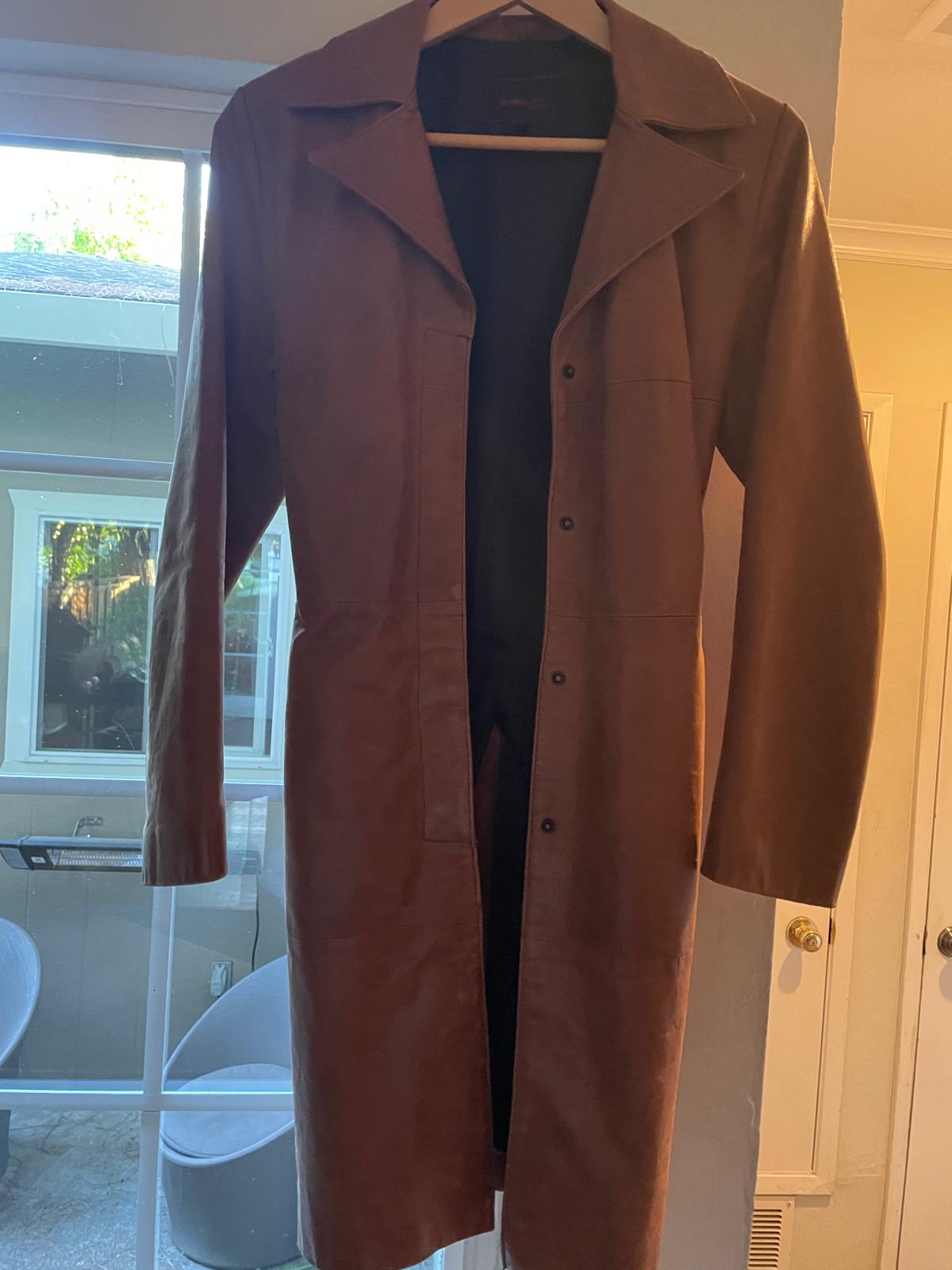 Long Brown Leather Trench Coat with Belt